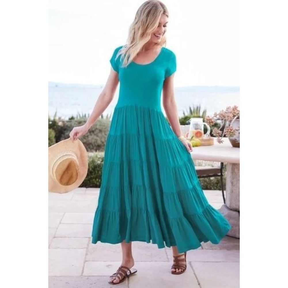 Soft Surroundings Kara Maxi Dress PXS Green Tiered Boho Beachy Peasant